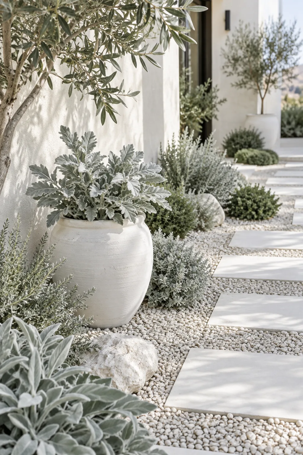 Minimalist desert pathway with white concrete stepping stones and silver foliage