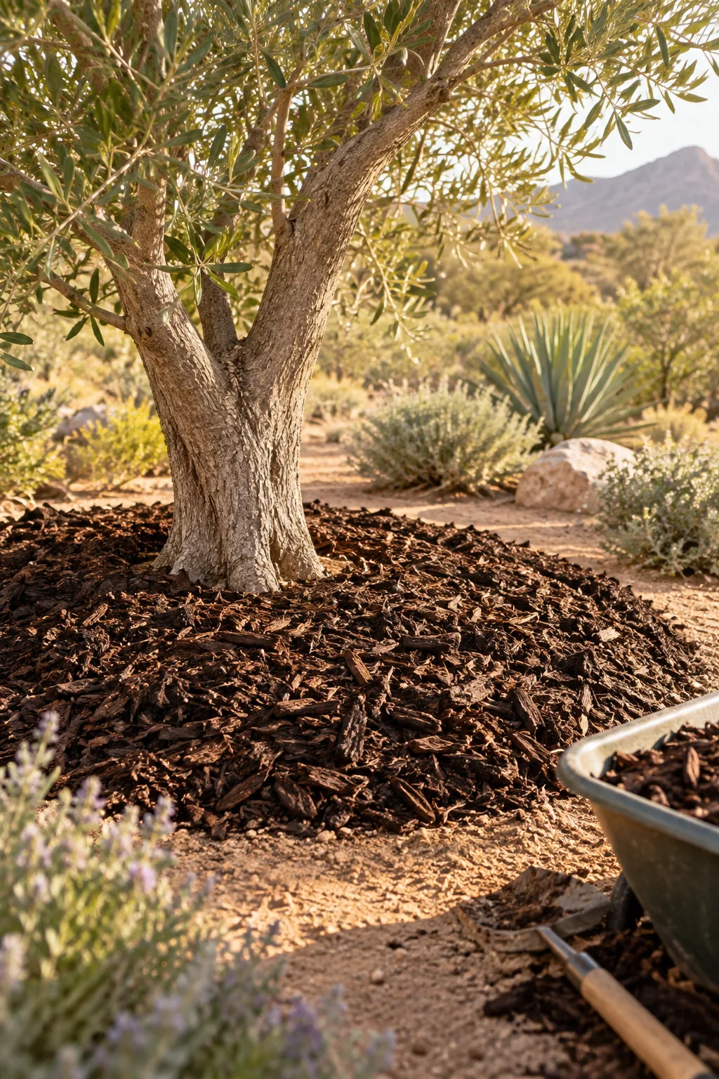 Desert shrubs surrounded by a thick layer of shredded cedar bark mulch