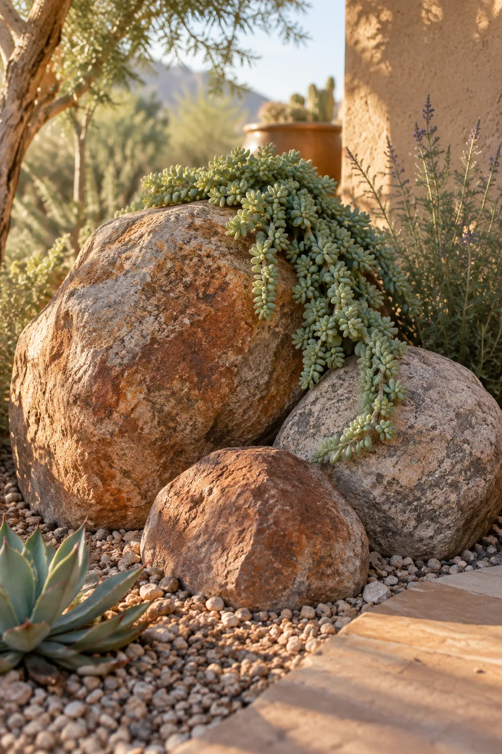 Three different sized boulders clustered together with a trailing plant
