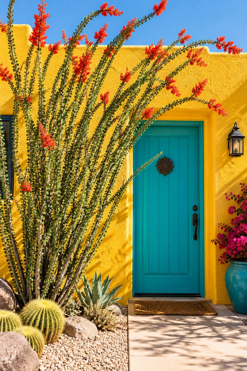 Blooming ocotillo plant with bright red flowers near a home entryway