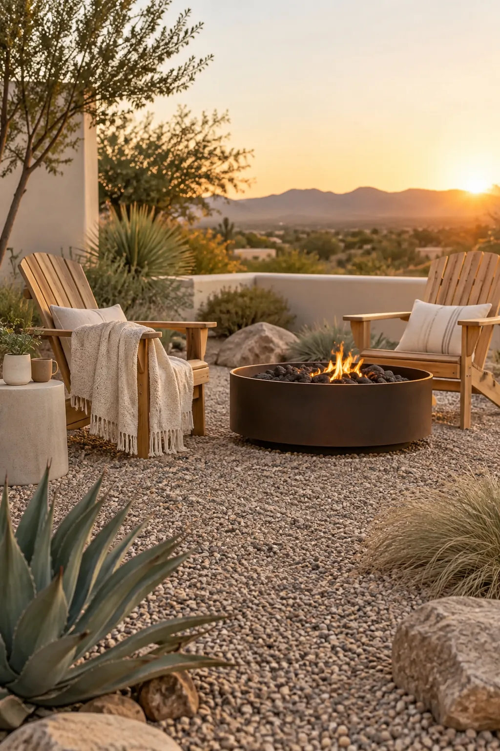 Fire pit and Adirondack chairs sitting on a pea gravel patio