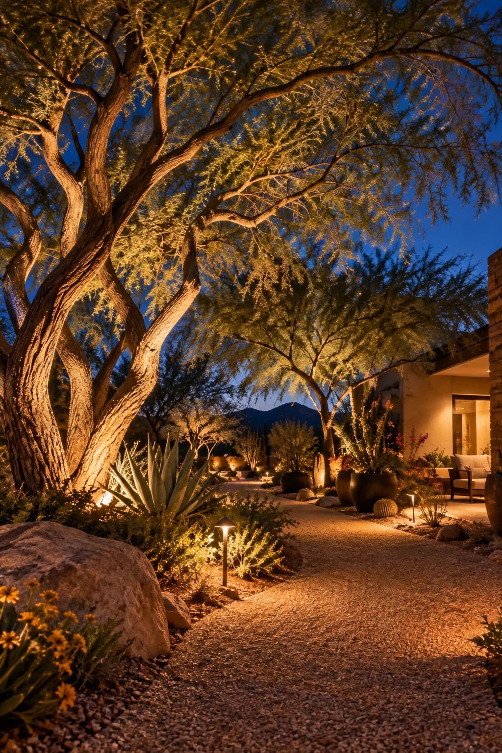 Mesquite tree illuminated from below by warm low-voltage landscape lighting