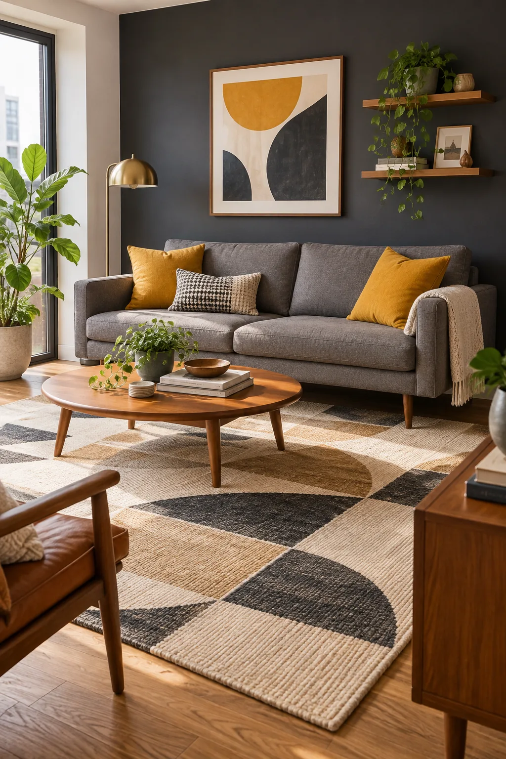 Mid-Century Modern living room with a grey sofa, teak coffee table, and mustard accents.