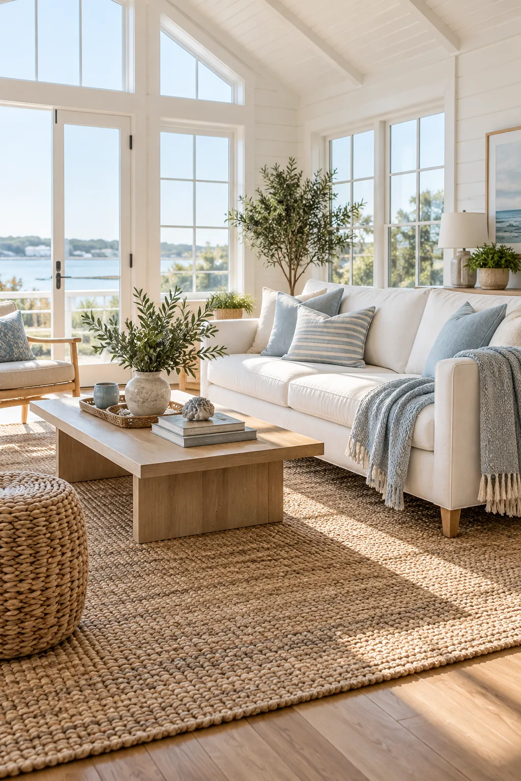 Coastal minimalist sunroom with a white slipcovered sofa, bleached oak table, and jute rug.