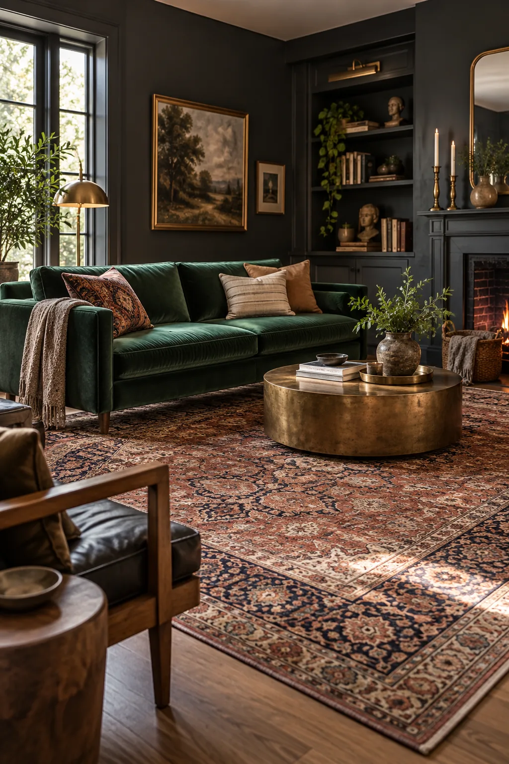 Moody eclectic den with an emerald velvet sofa, brass coffee table, and dark walls.