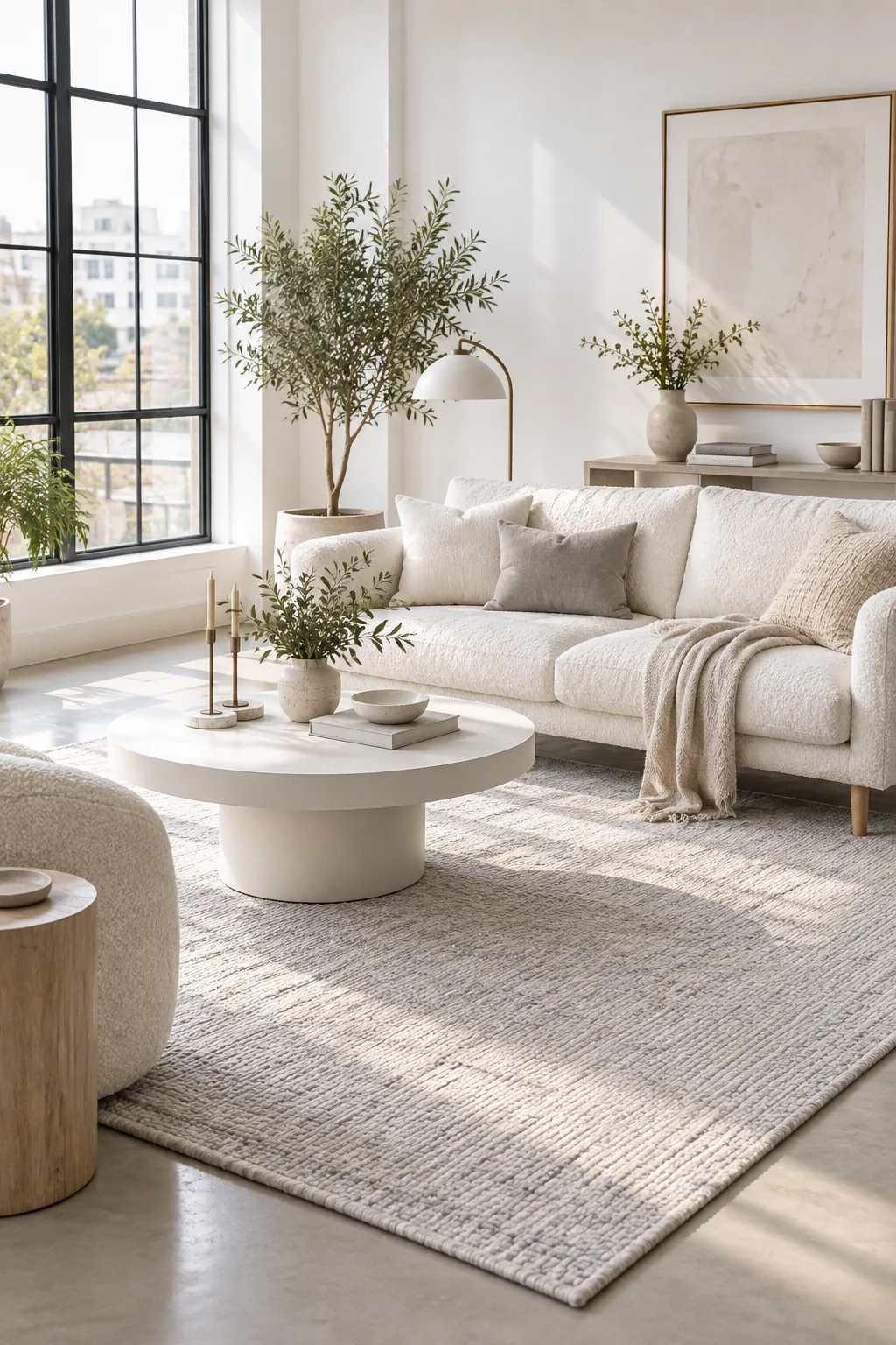 Scandinavian neutral loft with a white boucl&eacute; sofa, minimalist table, and pale grey rug.