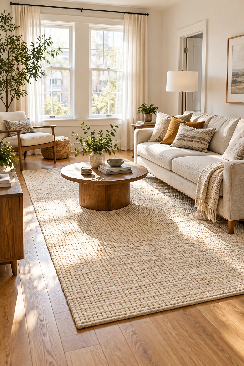 Cream oversized area rug extending past a beige sofa with wooden front legs resting on it.