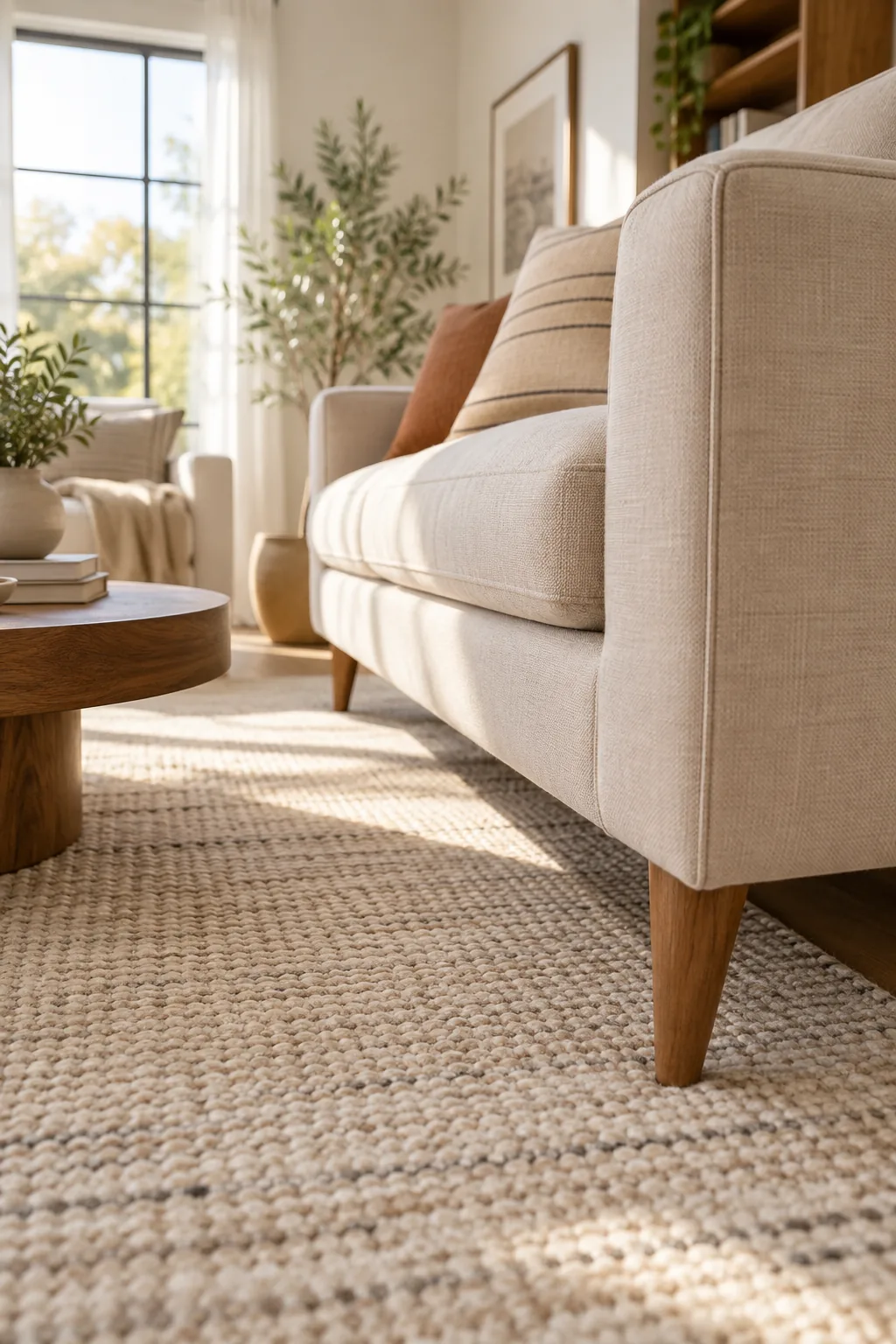 Narrow 3-inch gap between the back of a beige sofa and a white living room wall.