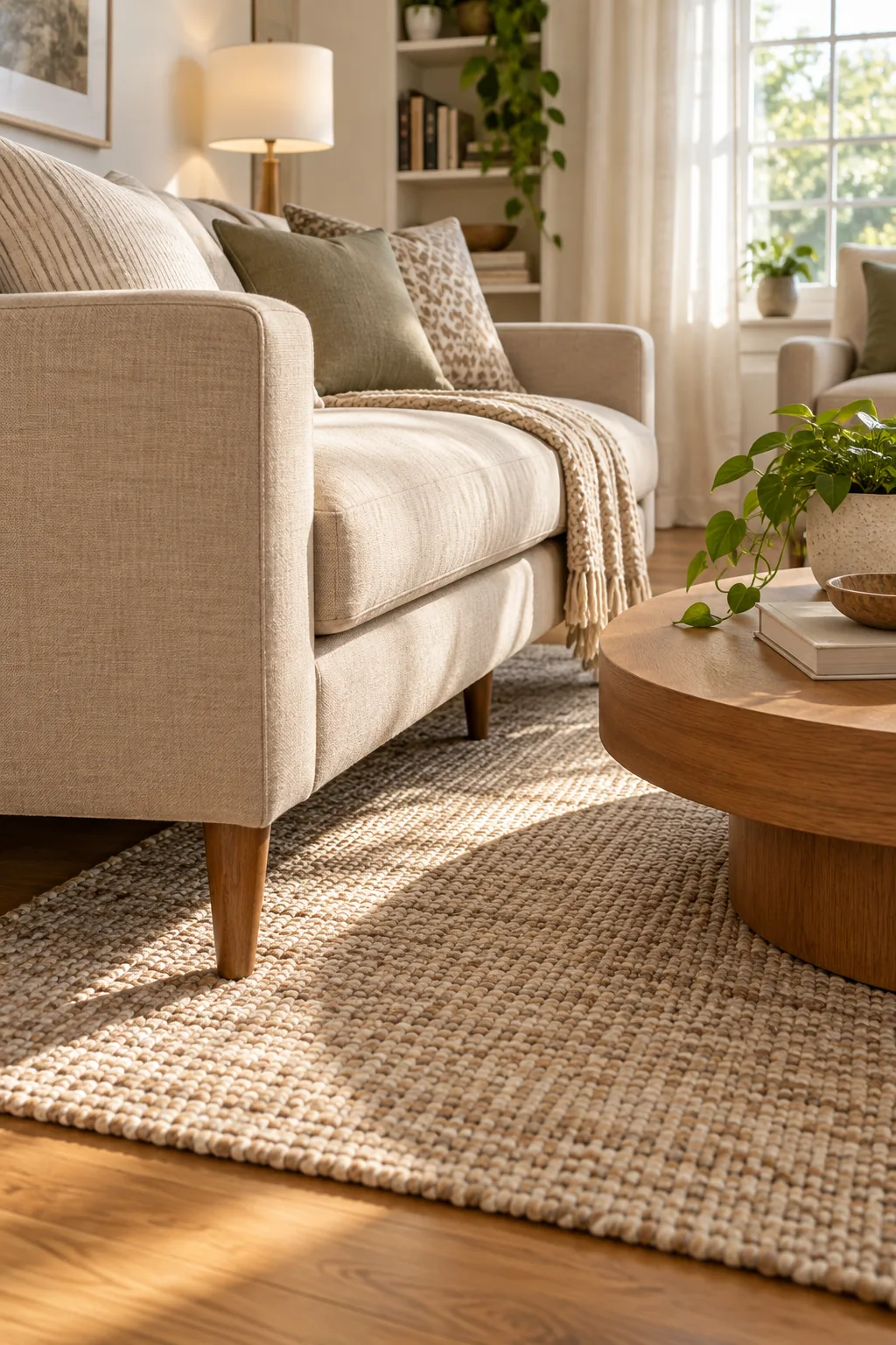 Tapered wooden legs of a beige sofa revealing the textured rug underneath.