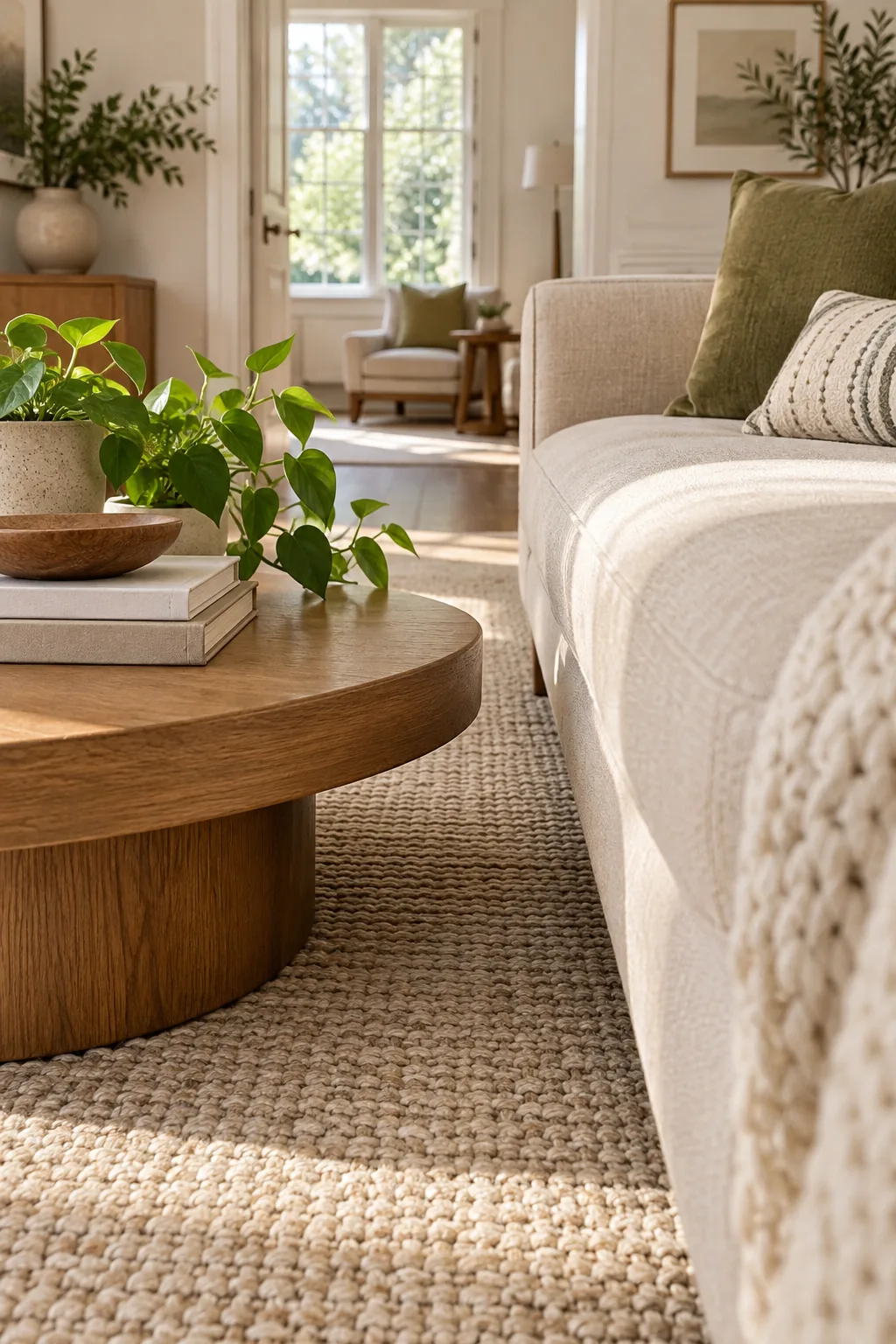 A tight 14-inch gap between a beige sofa cushion and a round wooden coffee table.