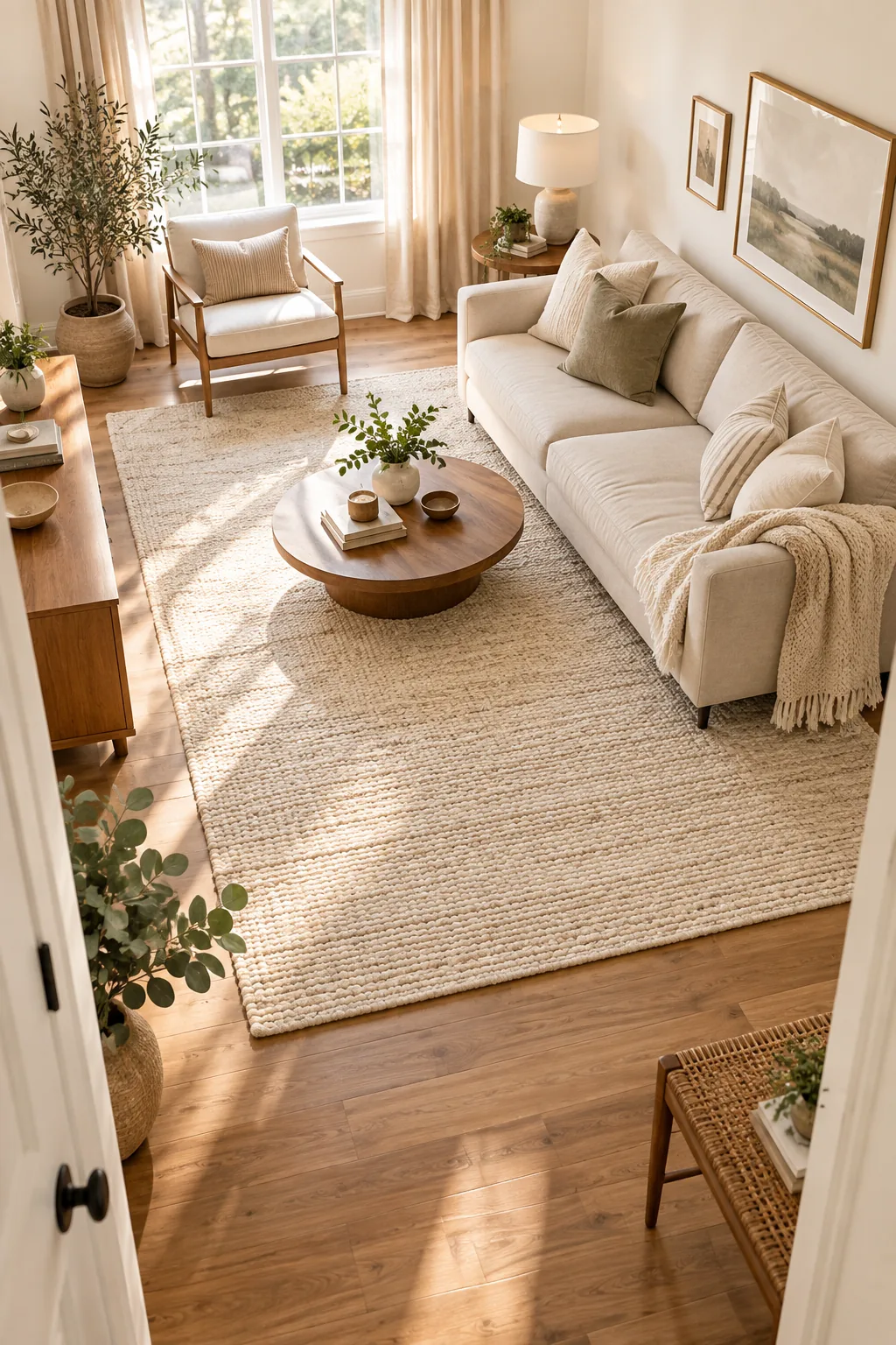 Low-profile round wooden coffee table sitting lower than the adjacent sofa cushions.