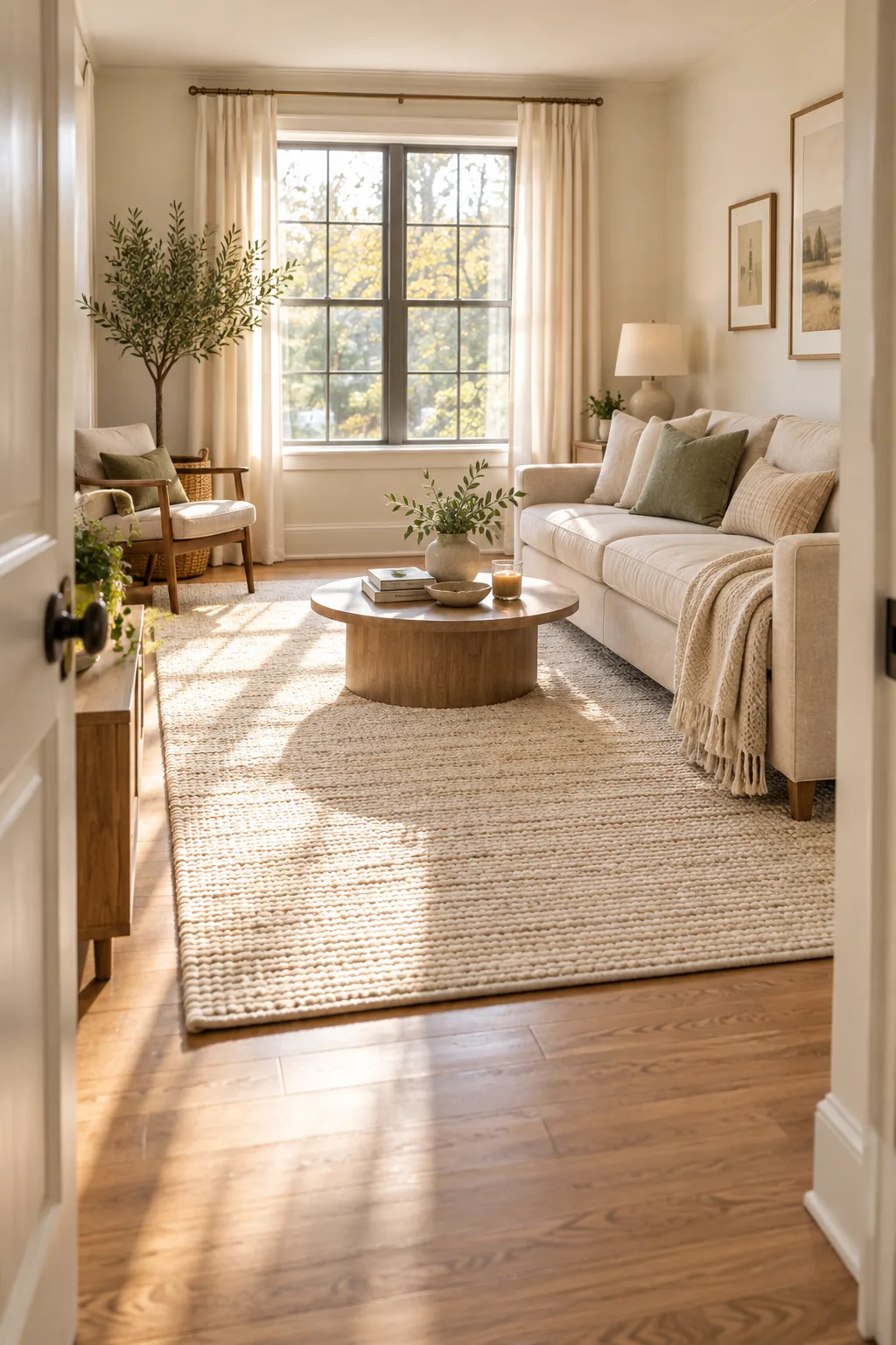 Bright living room viewed from the doorway, showing clear walkways around a sofa and coffee table.