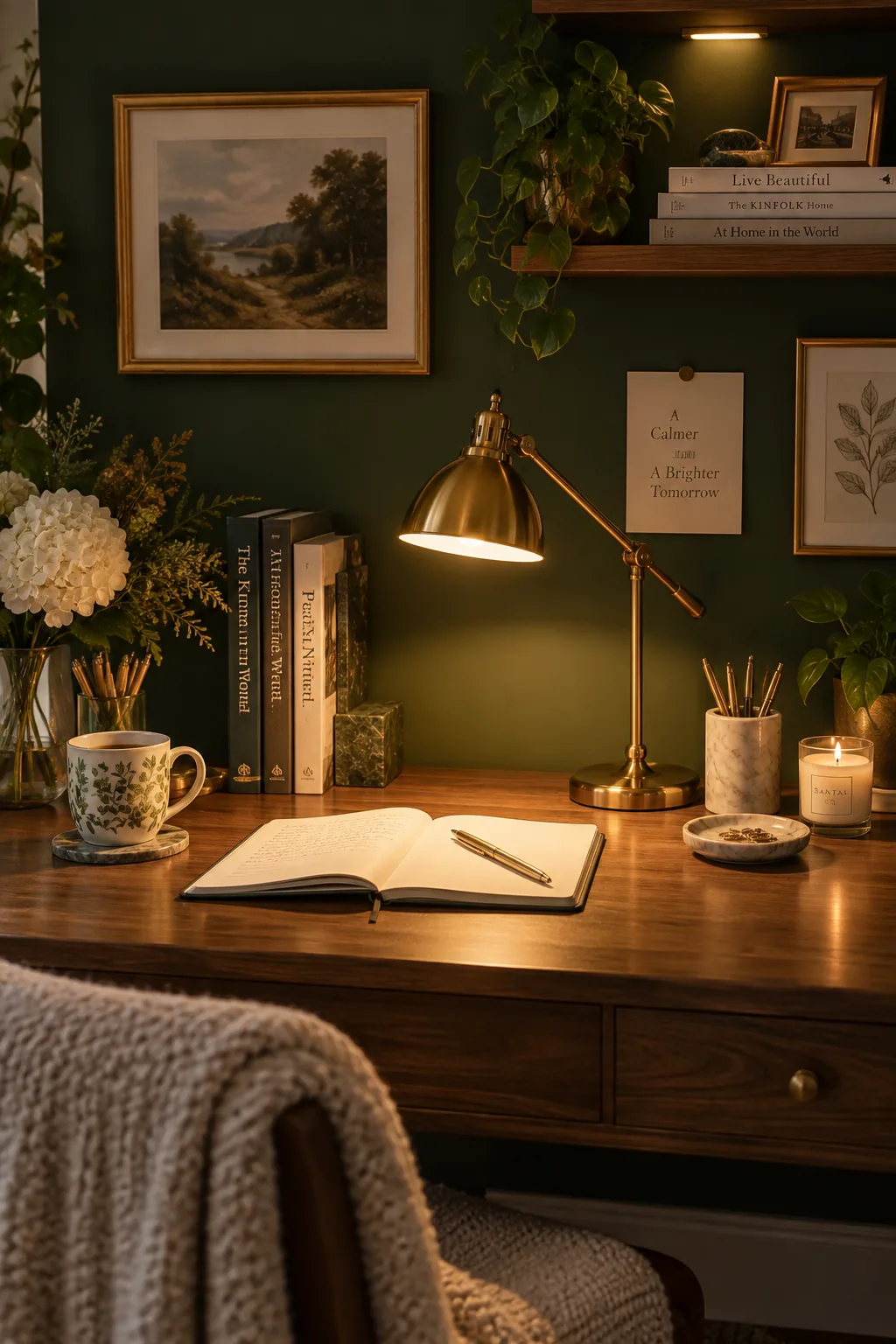 Brass task lamp on a wooden desk next to stacked books