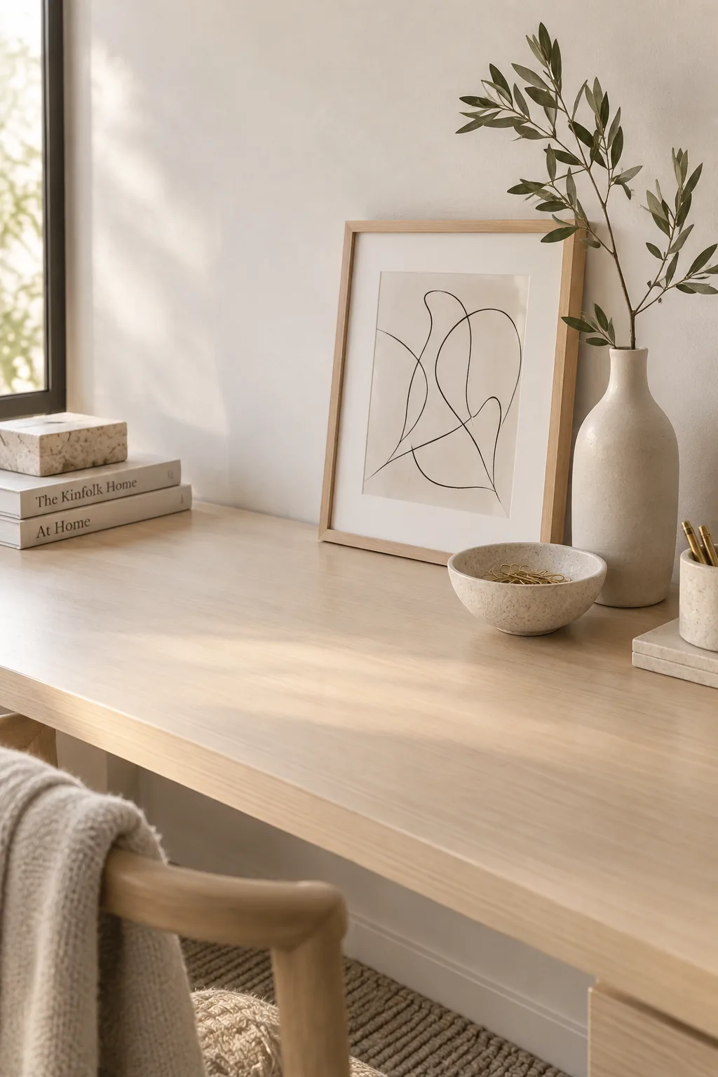 Desk corner styled with a tall vase, framed art, and a small bowl