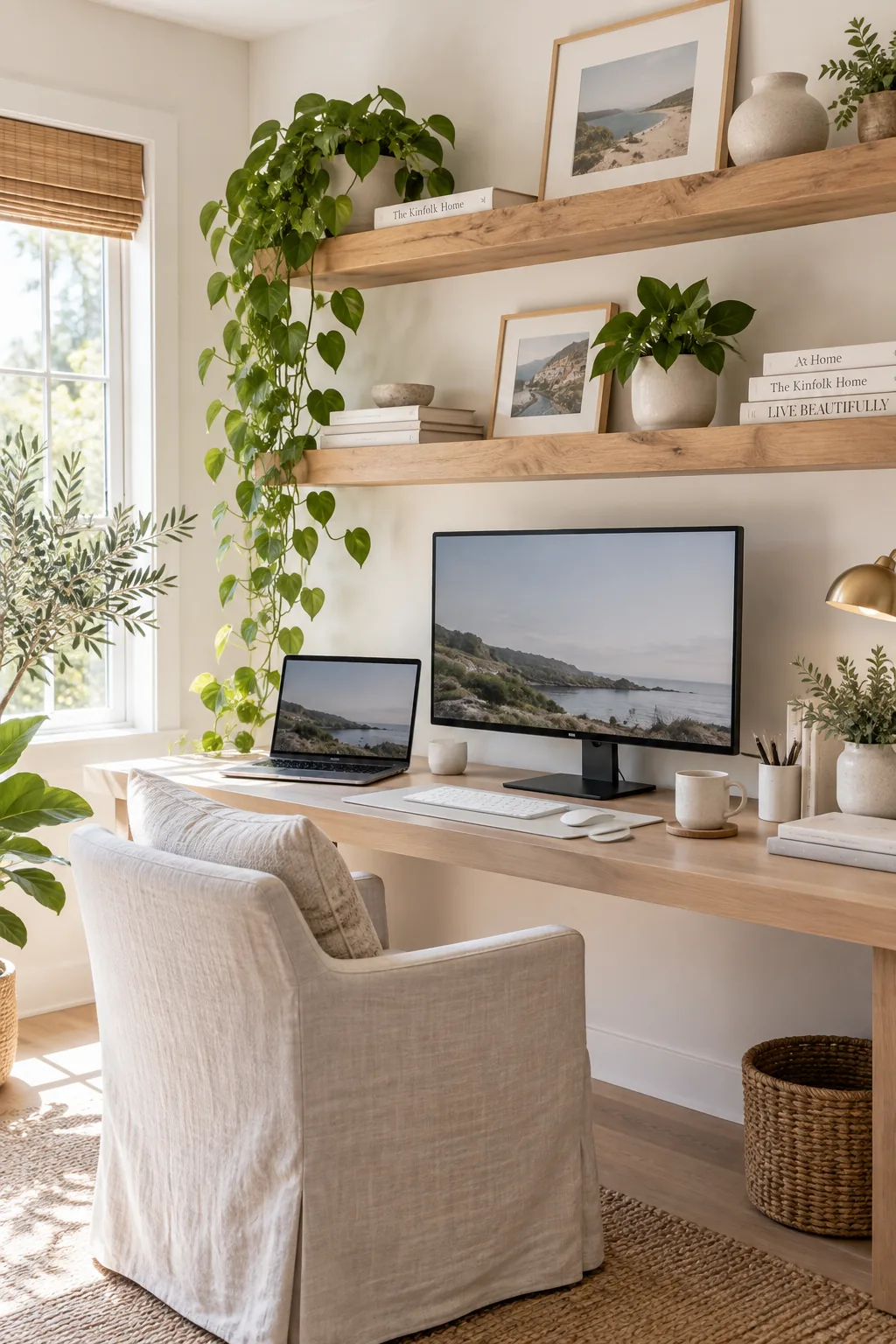 Chunky wood floating shelves above a computer monitor displaying plants