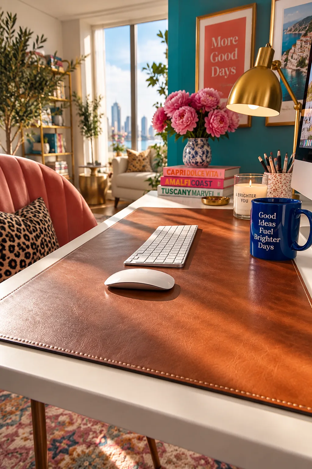 Large brown leather desk pad under a white keyboard