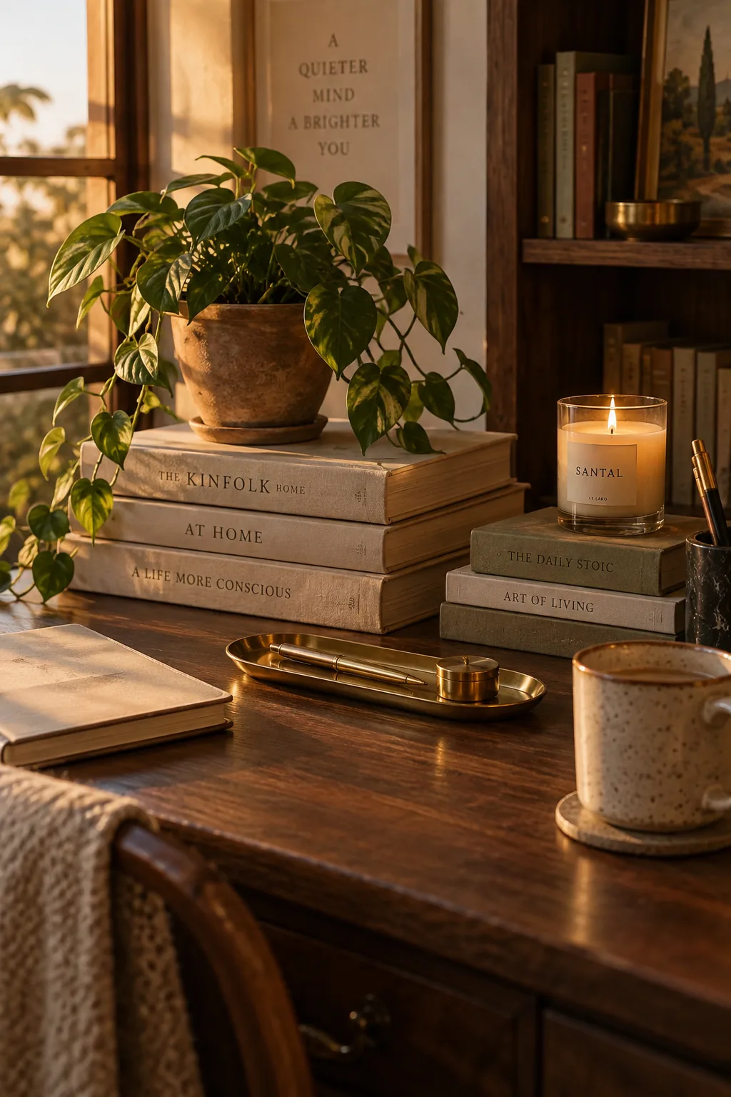 Small potted plant sitting on a stack of three thick design books