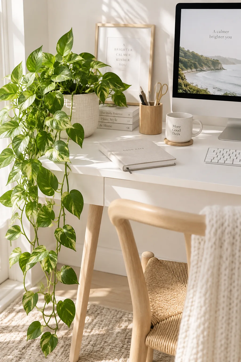 Golden pothos plant in a ceramic pot trailing over a desk edge