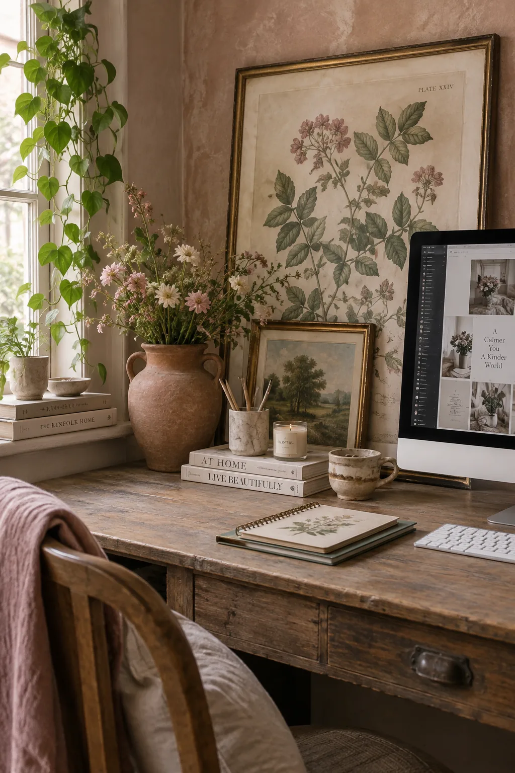 Framed vintage landscape print leaning against the wall on a desk