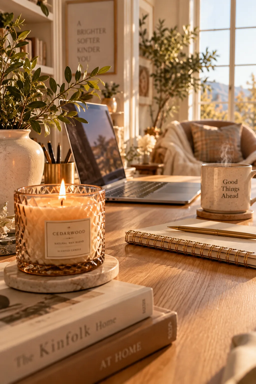Lit cedarwood candle in a glass vessel on a desk