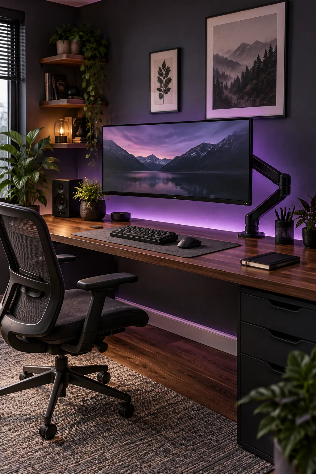 Dark walnut desk with an ultrawide monitor and purple backlighting.