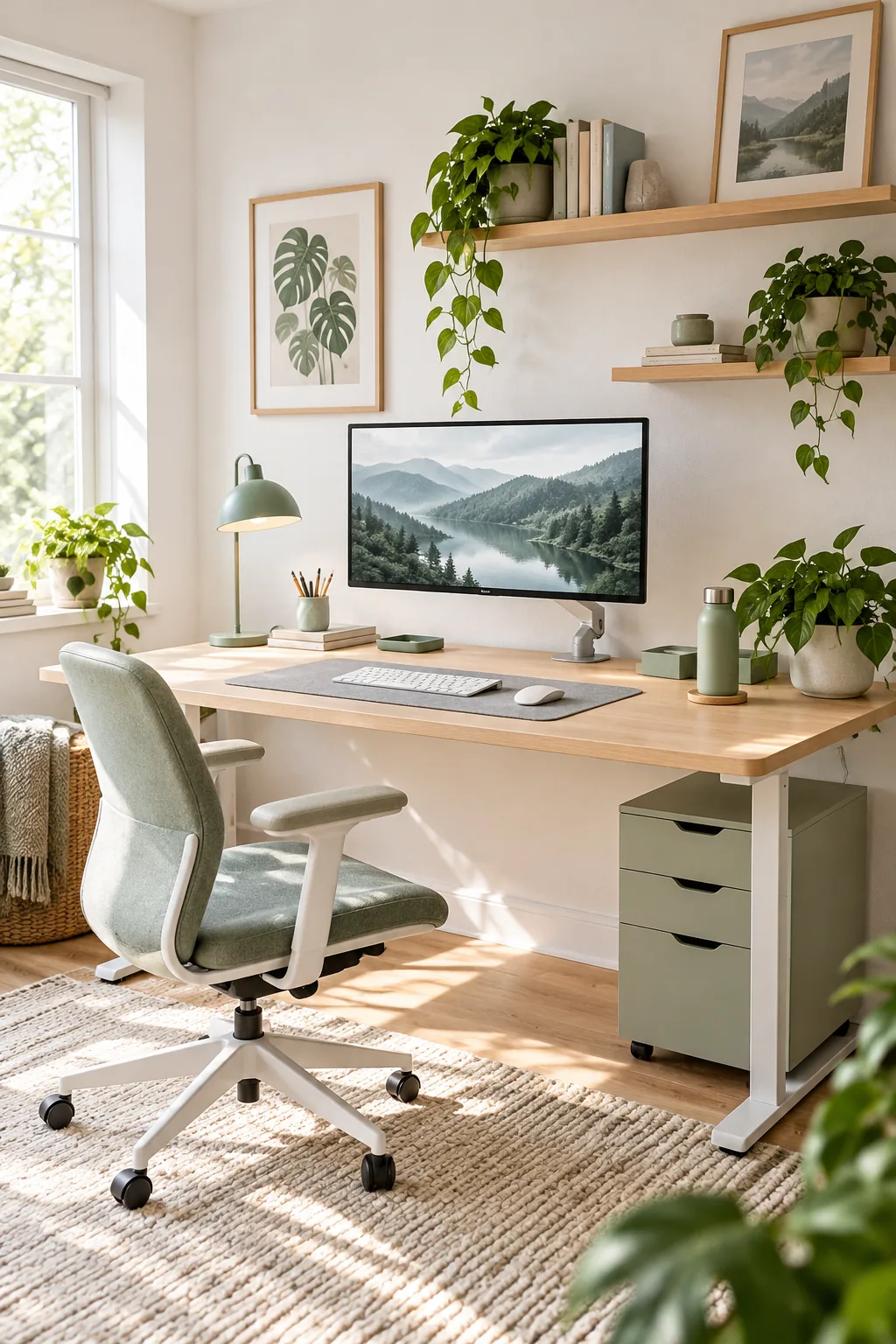 Light birch desk with white walls and mint green accessories.