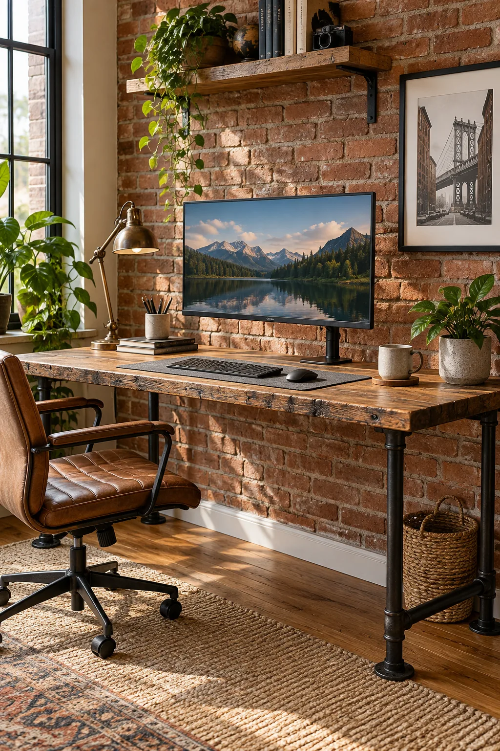 Reclaimed wood desk against a red brick wall with black metal legs.