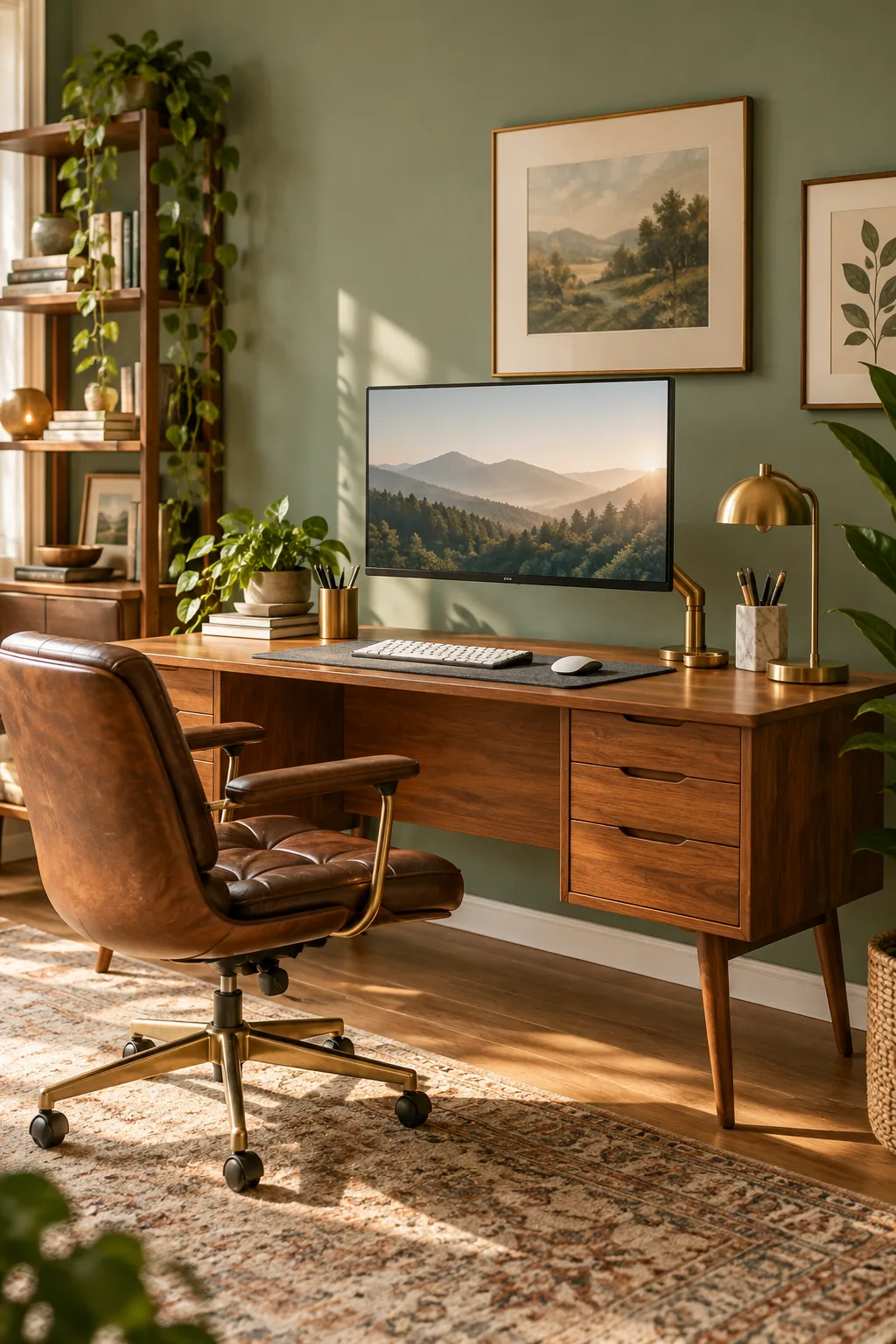 Teak mid-century desk against a sage green wall with brass details.