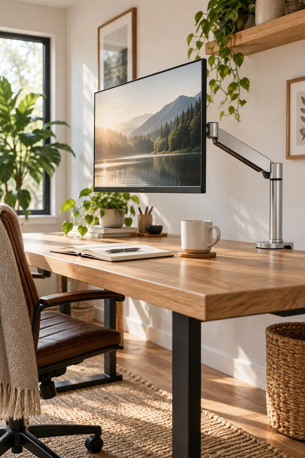 Articulating silver metal arm supporting a computer monitor above a wooden desk.