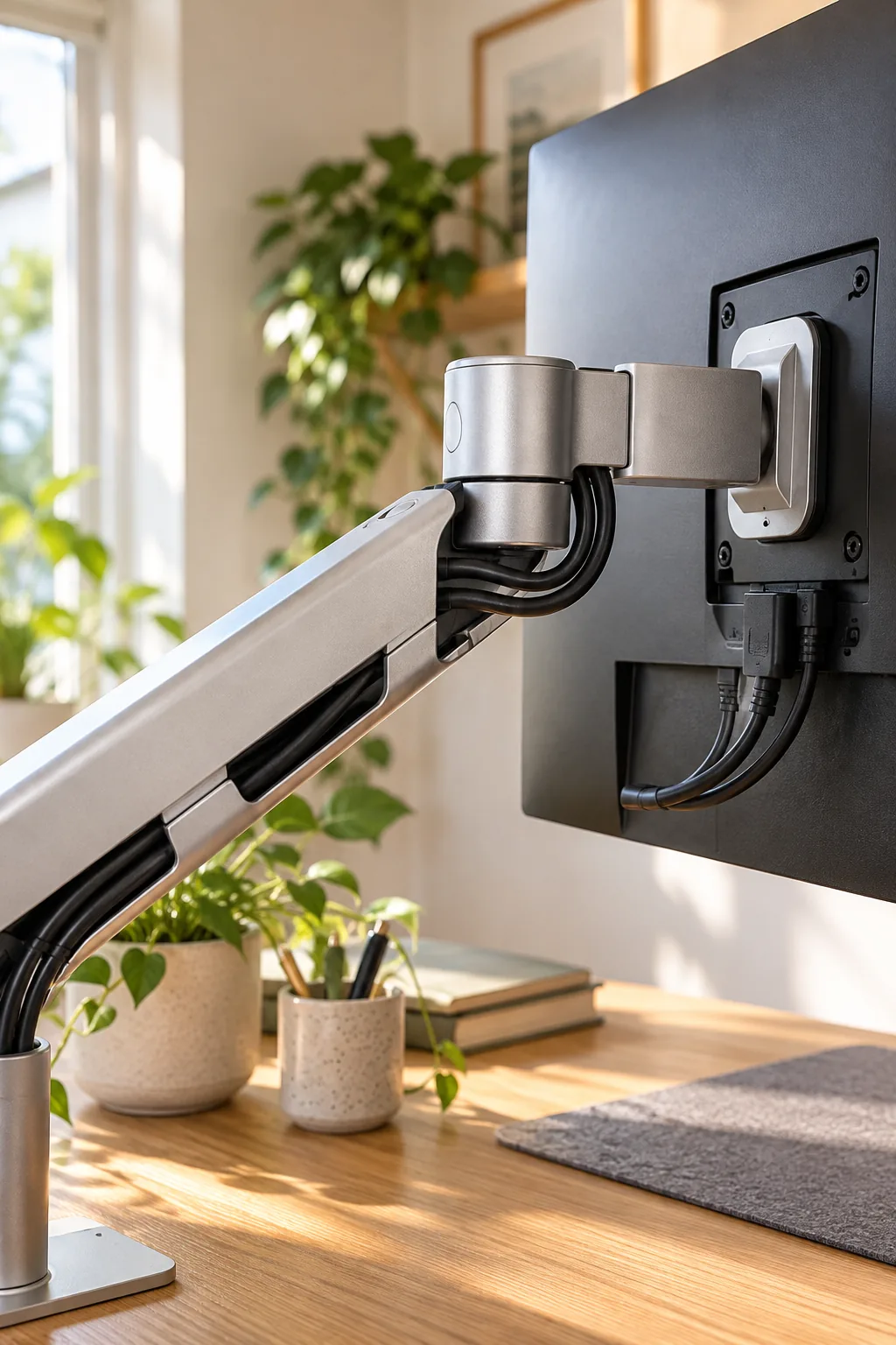 Monitor arm with black cords neatly tucked into its built-in track.