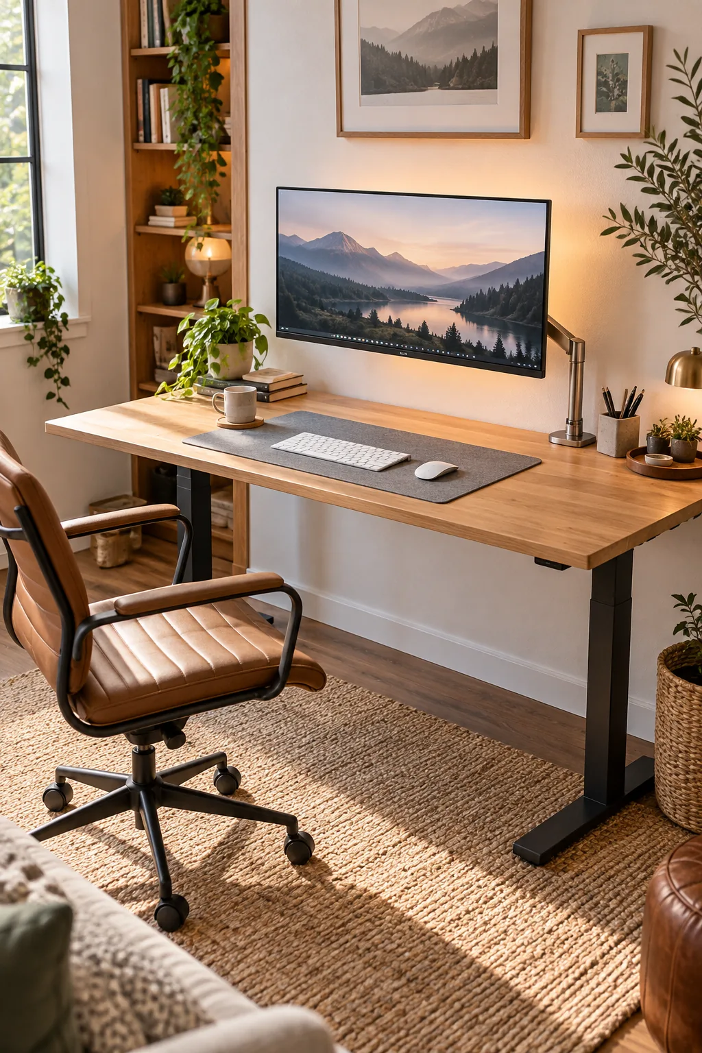 Top-down view of an organized wooden desk with zero visible cables.
