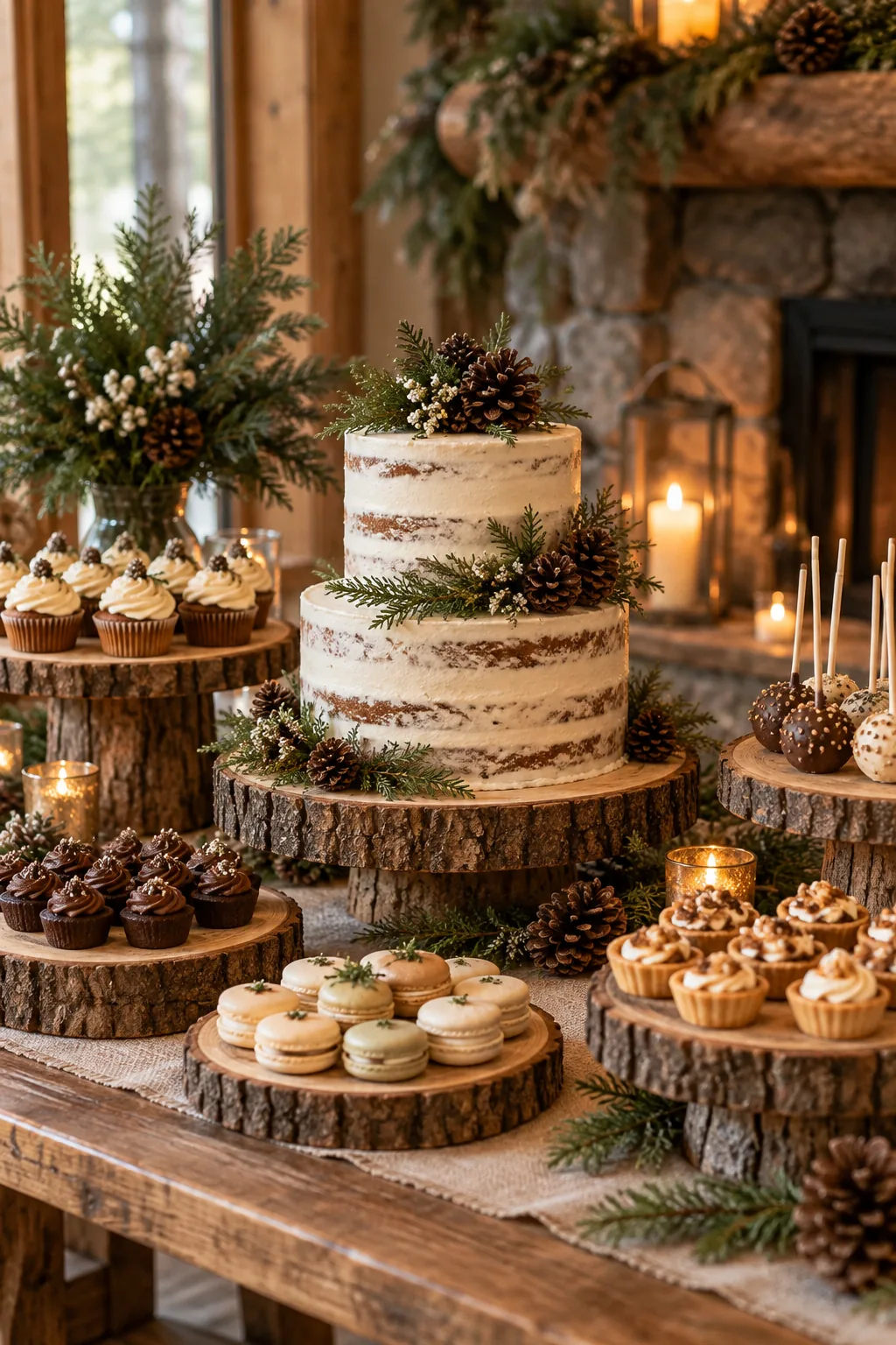 Rustic dessert table featuring a naked cake on wood slice risers with pinecone accents.