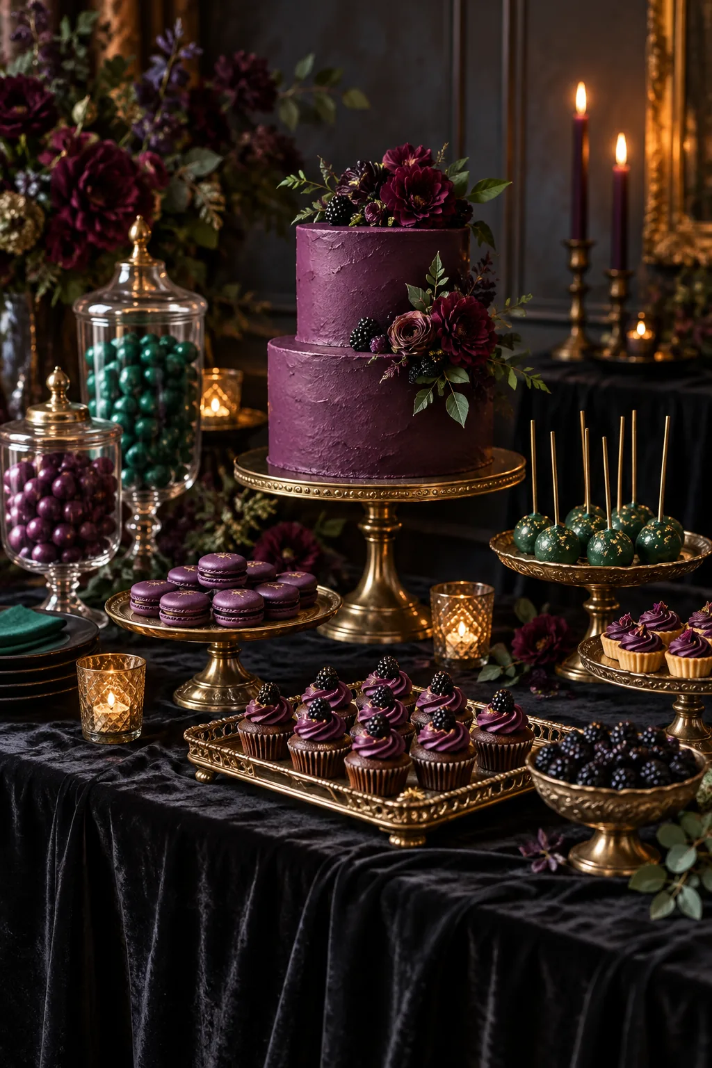 Moody dessert table with a black velvet cloth, brass stands, and plum and emerald treats.