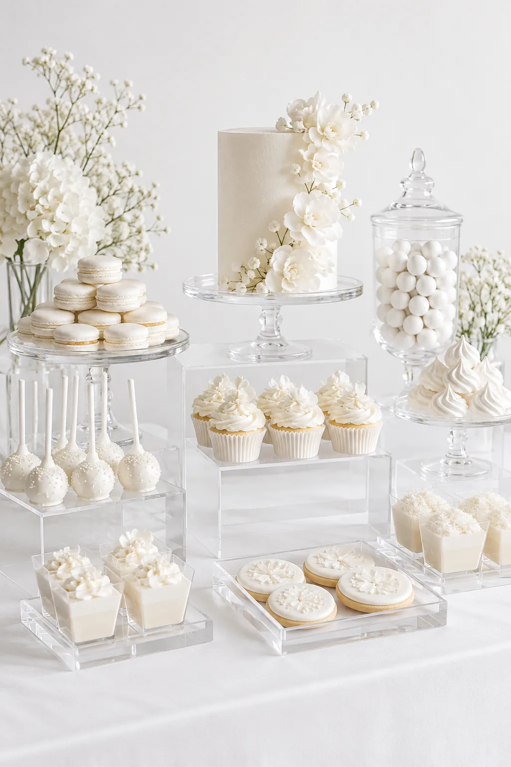 Minimalist all-white dessert table with clear acrylic risers and geometric styling.