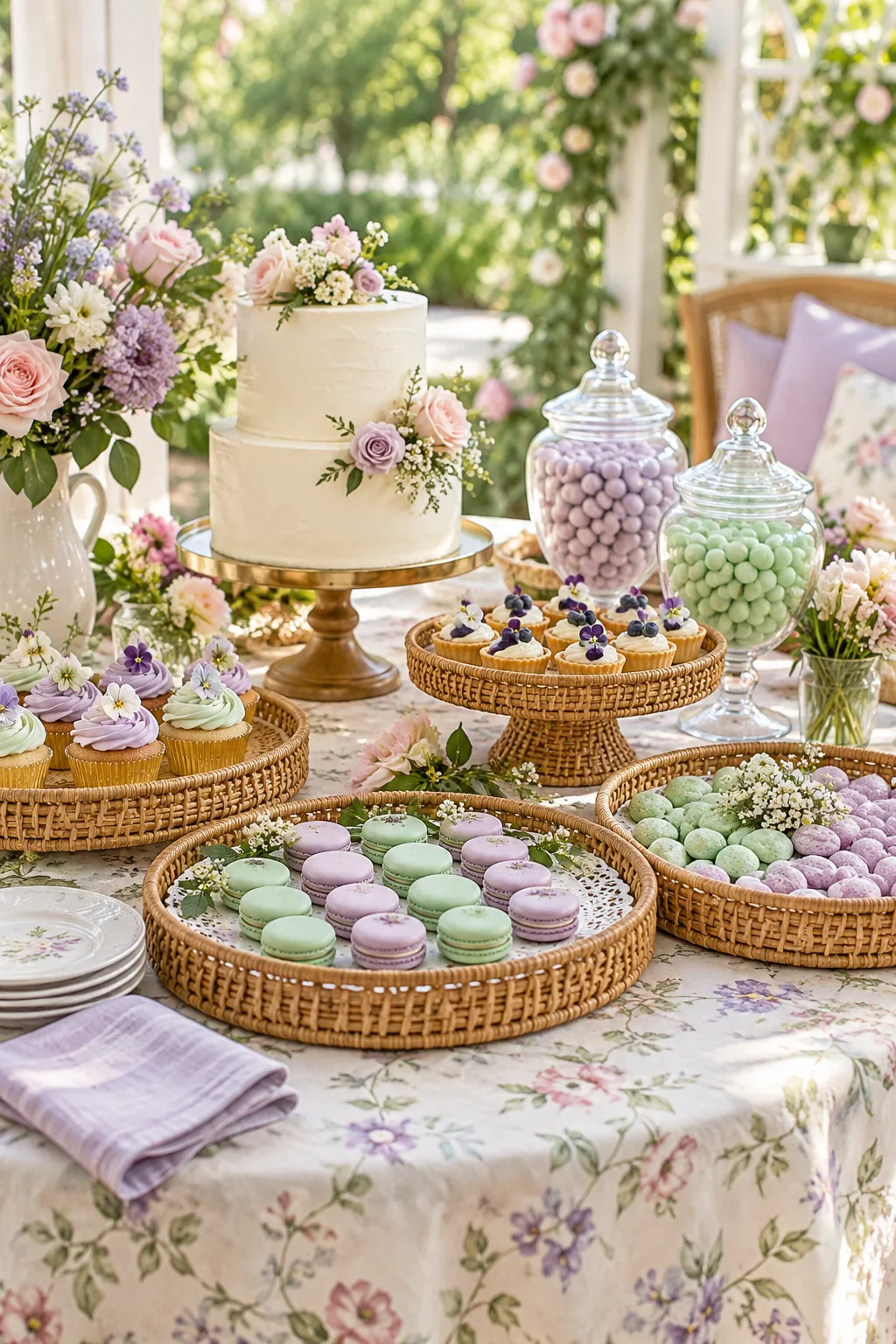 Pastel dessert table with woven rattan trays, floral linens, and mint and lavender candies.