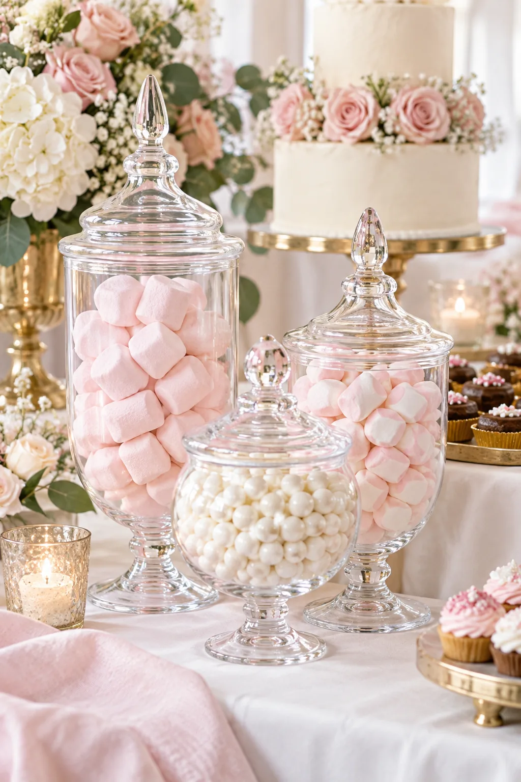 Two-tier white frosted cake on a gold pedestal stand decorated with light pink roses.