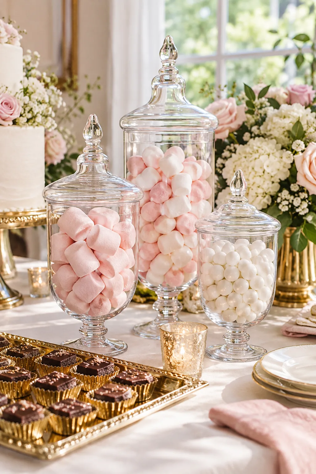 Three mismatched clear glass apothecary jars filled with pink marshmallows and white candies.