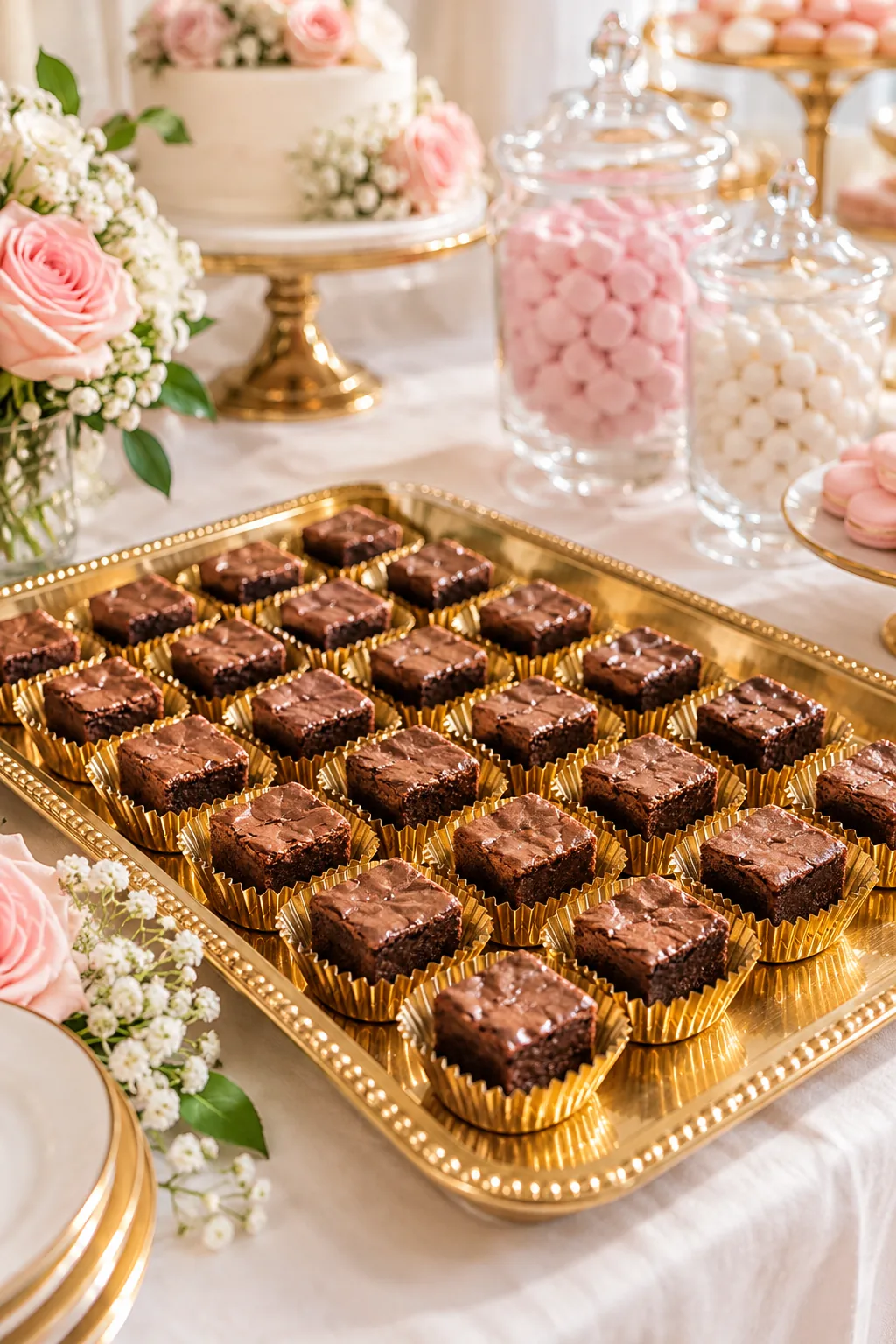Gold rectangular tray filled with small square chocolate brownies in gold foil cups.