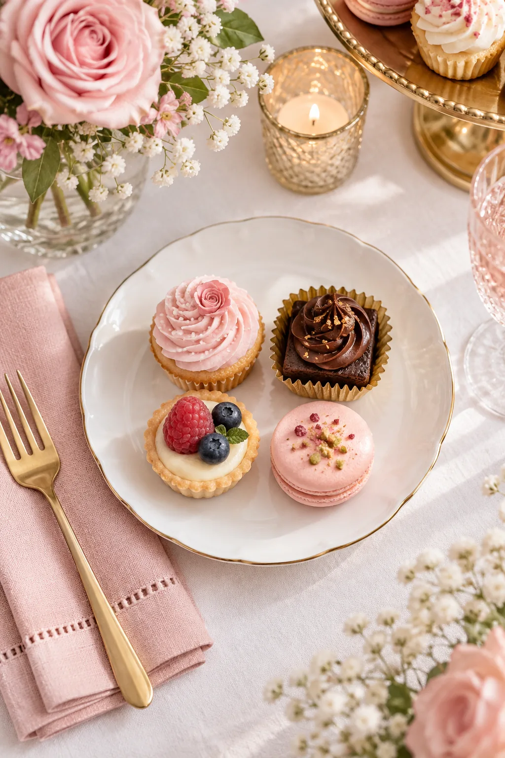 Small white plate holding four mini desserts next to a pink napkin.