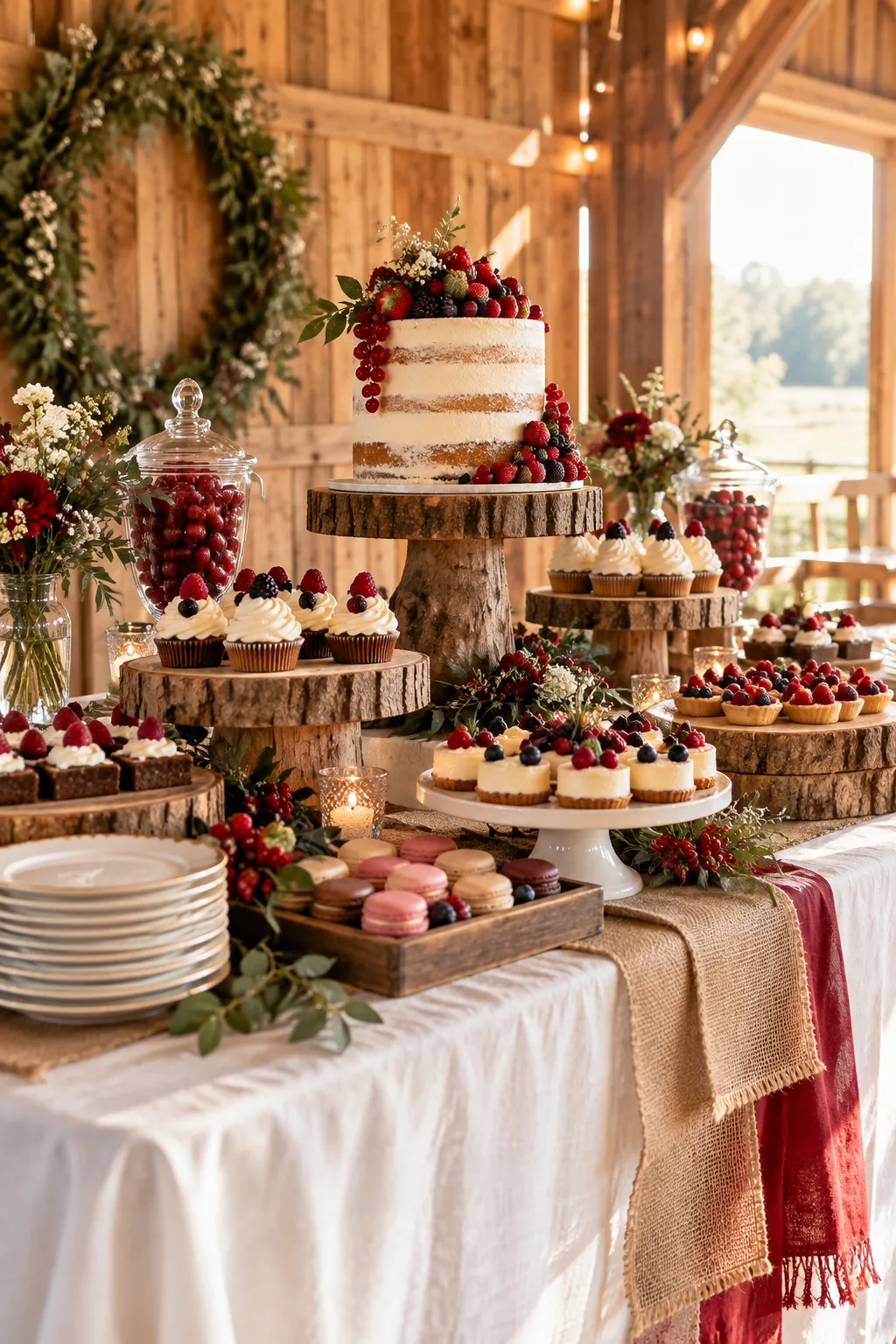 A rustic dessert table with wood slab risers and a naked cake.