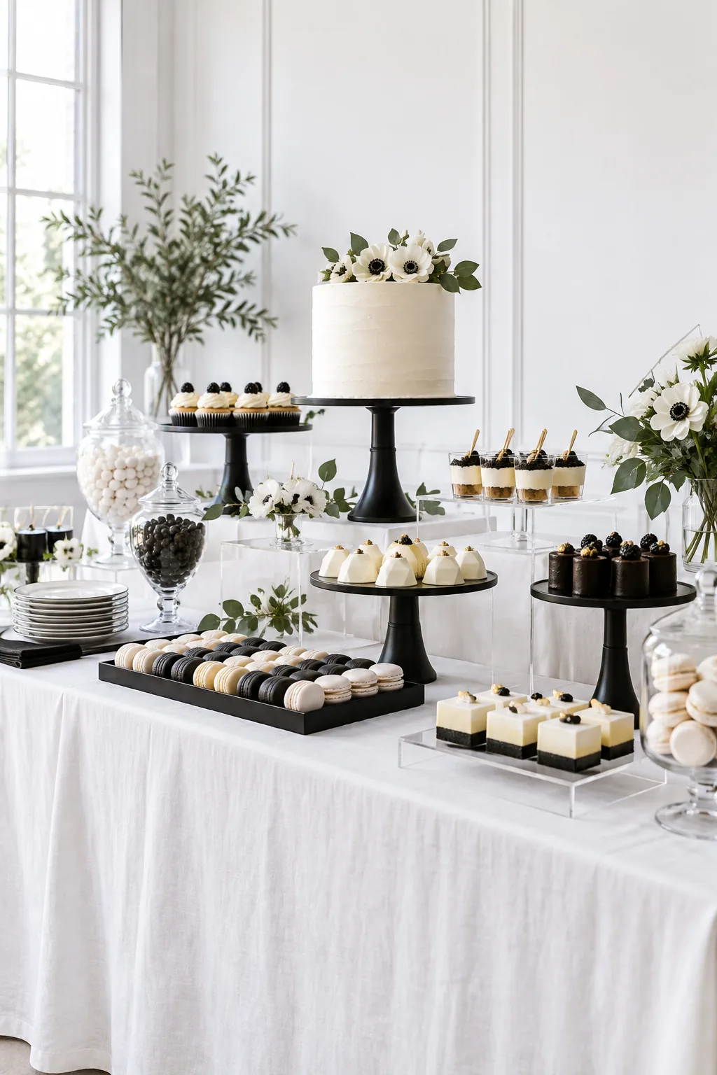 A minimalist dessert table with matte black stands and geometric white desserts.