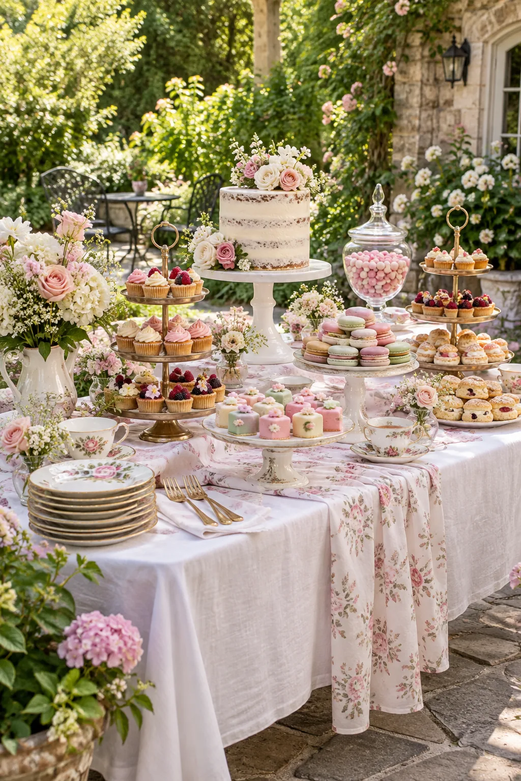 A garden tea party dessert table with vintage china and pastel petit fours.