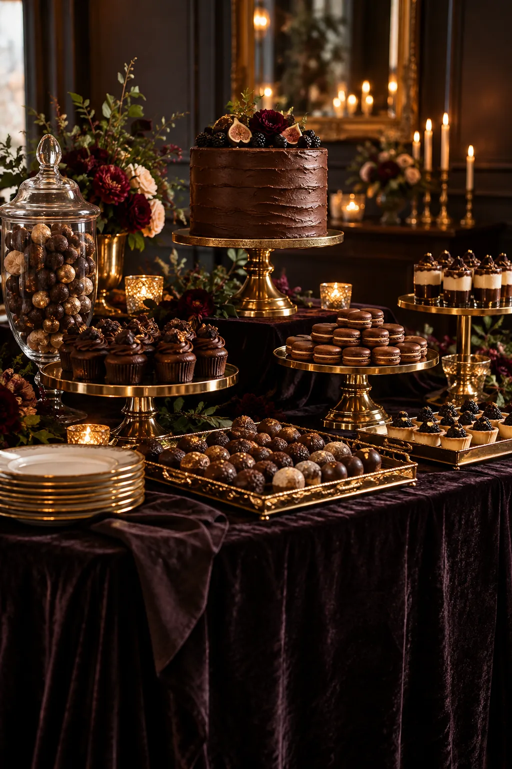A moody glam dessert table with a dark velvet cloth and gold trays.