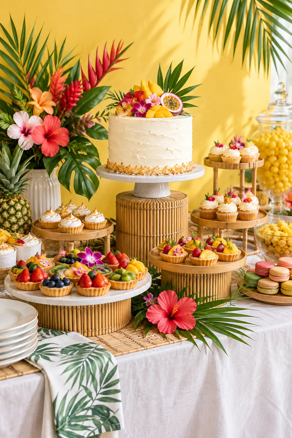 A tropical dessert table with bamboo risers and vibrant fruit tarts.