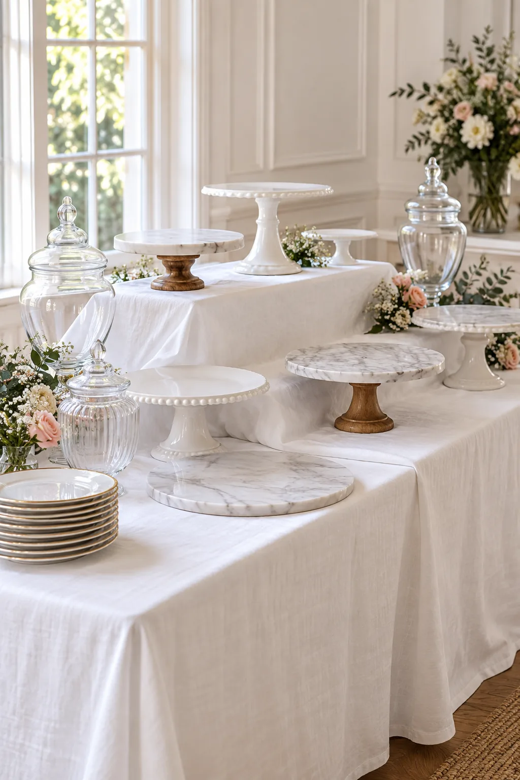Empty white cake stands and glass jars arranged on a tiered linen tablecloth.