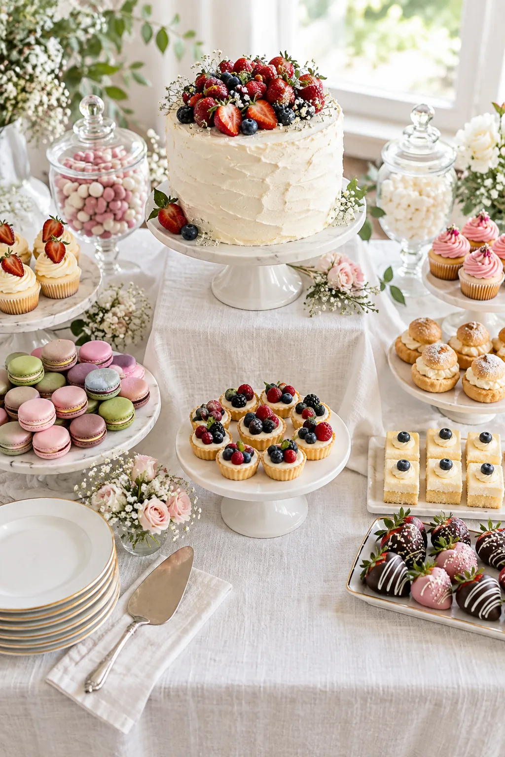 A marble cake stand sitting on a raised, draped section of white linen.