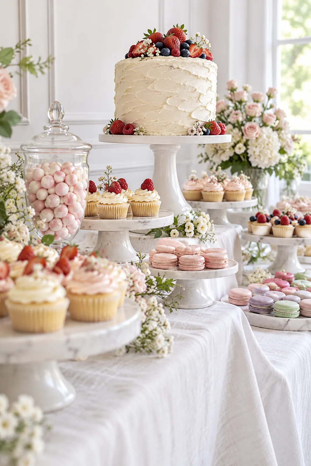A tall frosted layer cake on a pedestal behind smaller cupcakes.