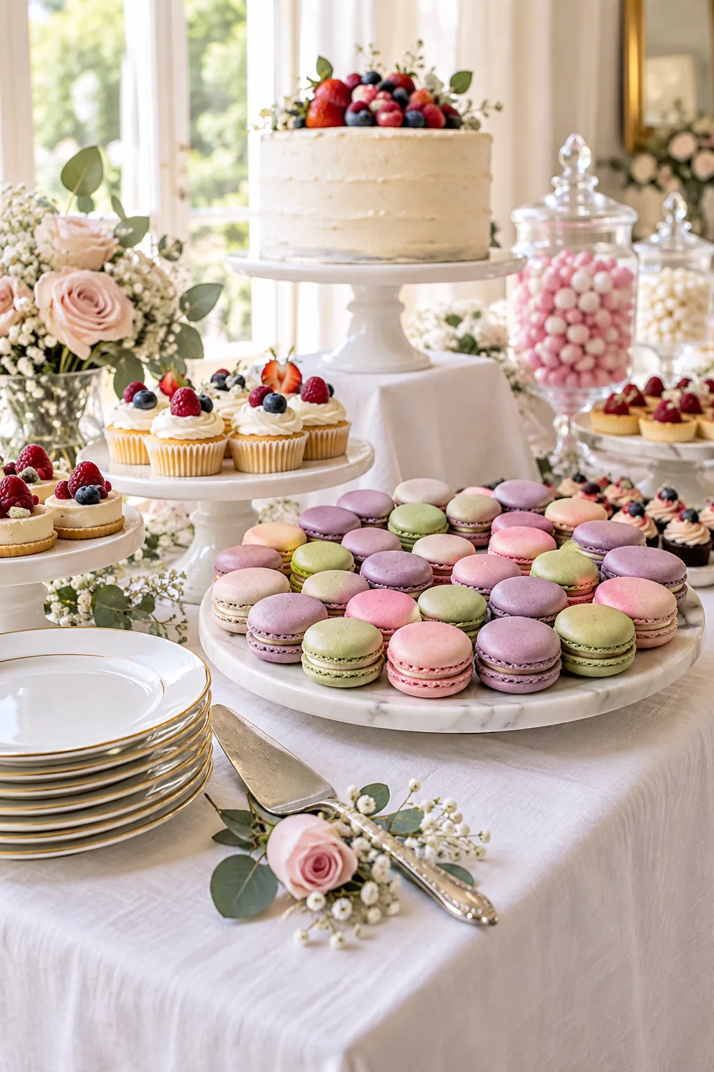 Stacked white and gold dessert plates next to a silver server.