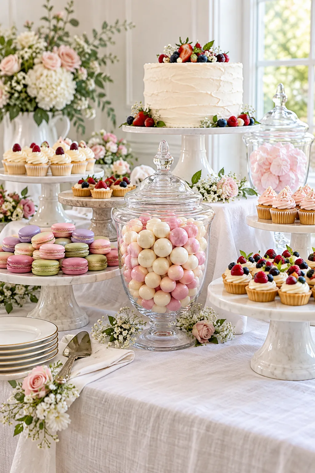 A marble platter densely packed with pink, green, and purple macarons.