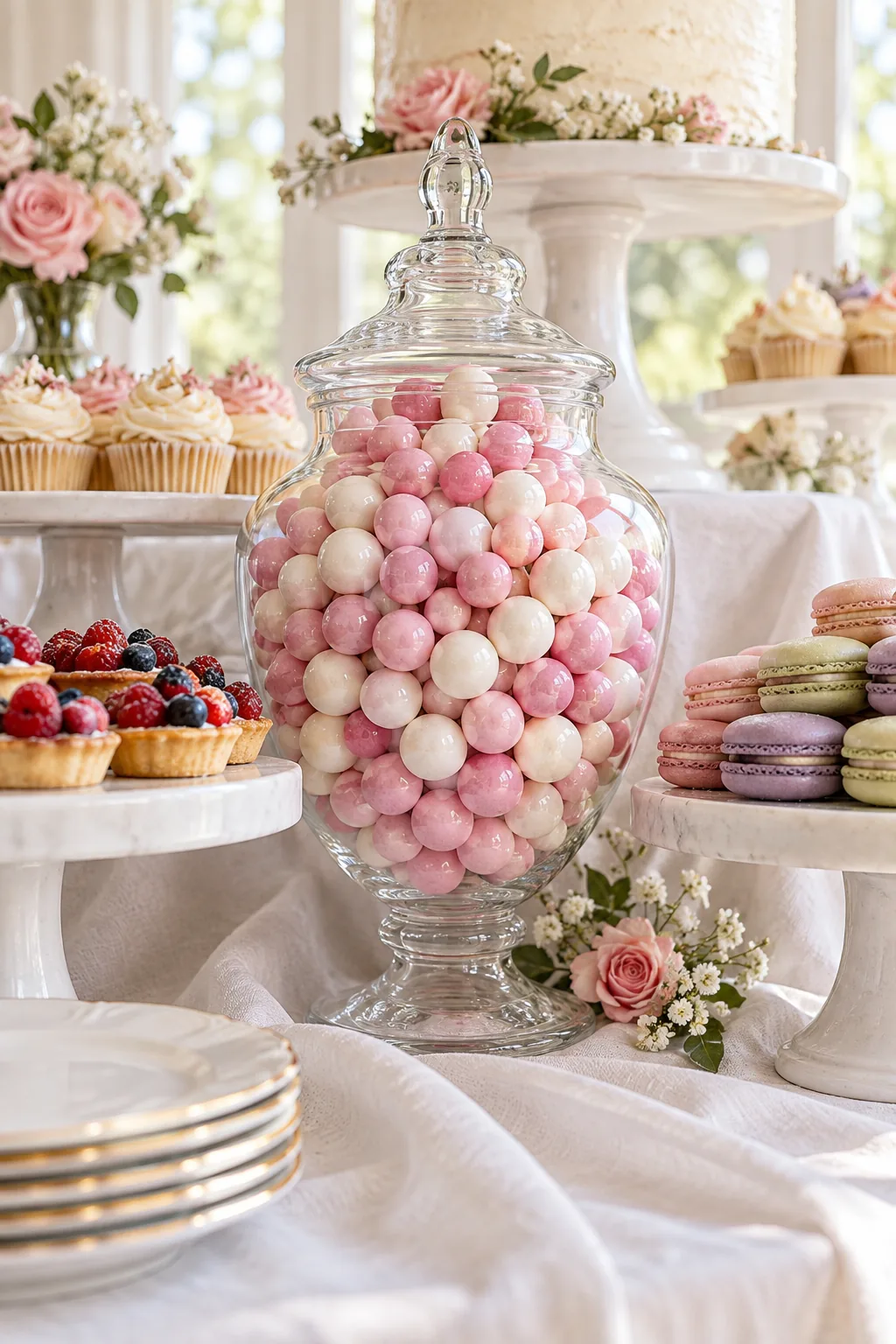 A glass apothecary jar filled with pink and white candies.